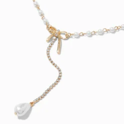 Collier à pendentif en Y à nœud perlé en zircon cubique couleur dorée