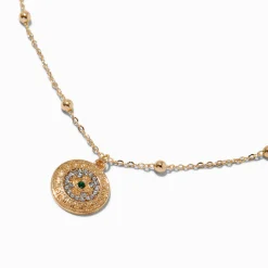 Collier à pendentif mauvais œil rond pavé couleur dorée