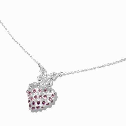 Collier à pendentif papillon et cœur pavé couleur argentée