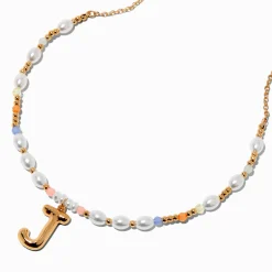 Collier à pendentif perlé pastel à initiale bulle couleur dorée - J
