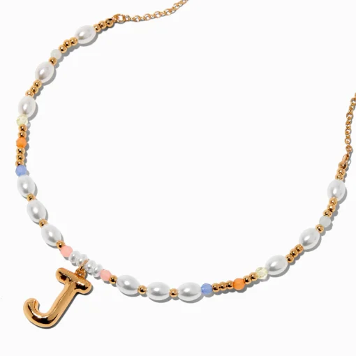 Collier à pendentif perlé pastel à initiale bulle couleur dorée - J