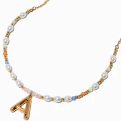 Collier à pendentif perlé pastel à initiale bulle couleur dorée - A