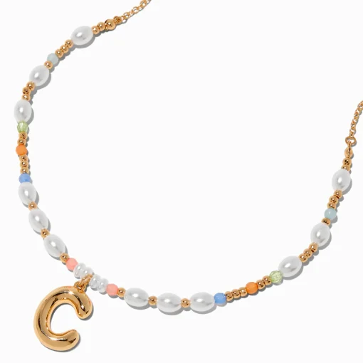 Collier à pendentif perlé pastel à initiale bulle couleur dorée - C