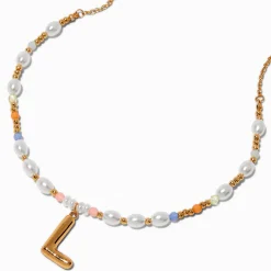 Collier à pendentif perlé pastel à initiale bulle couleur dorée - L