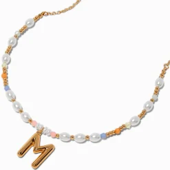 Collier à pendentif perlé pastel à initiale bulle couleur dorée - M