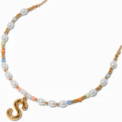 Collier à pendentif perlé pastel à initiale bulle couleur dorée - S
