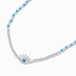 Collier à pendentif perles de rocaille mauvais œil couleur argentée