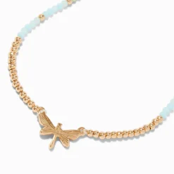 Collier à pendentif perles de rocaille libellule couleur dorée