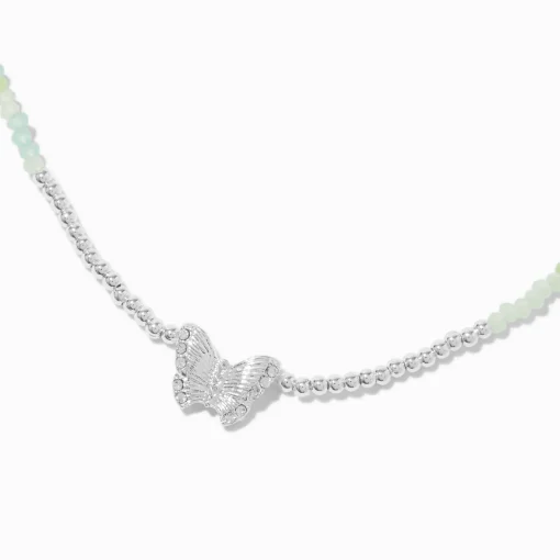Collier à pendentif perles de rocaille papillon couleur argentée