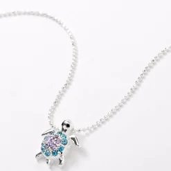 Collier à pendentif tortue décoré bleu et violet couleur argentée