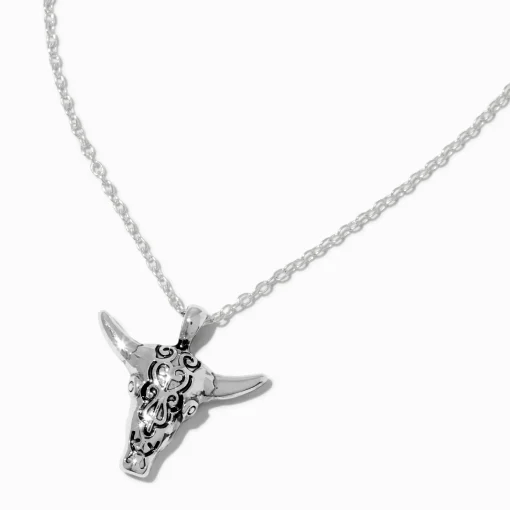Collier à pendentif vache longhorn cowgirl couleur argentée