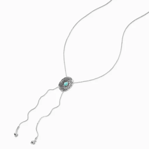 Collier bolo couleur argentée médaillon turquoise