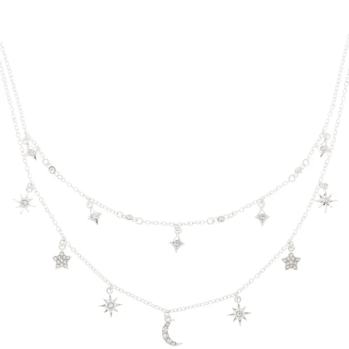 Collier multi-rangs à breloques célestes couleur argenté