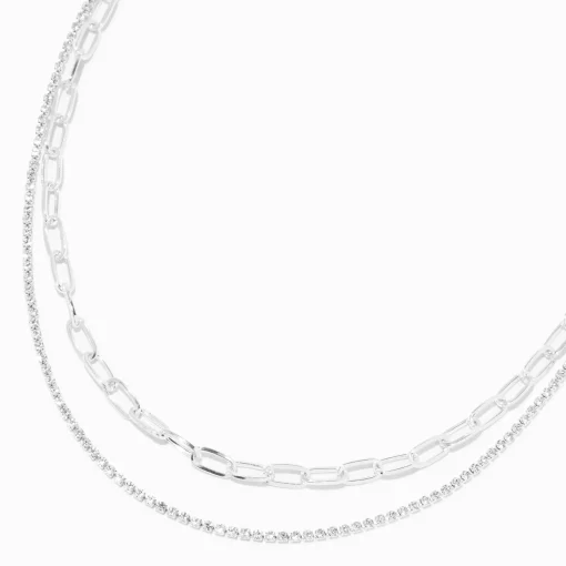 Collier multi-rangs avec chaîne à maillons strass et trombone couleur argentée