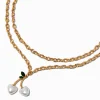 Collier multi-rangs chaîne cerise perle d'imitation couleur dorée