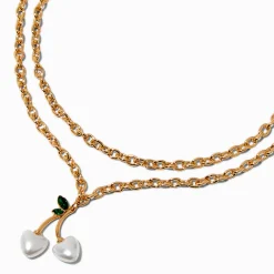 Collier multi-rangs chaîne cerise perle d'imitation couleur dorée