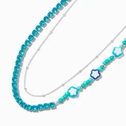 Collier multi-rangs chaîne couleur argentée perlé bleu à fleurs