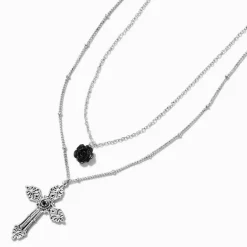 Collier multi-rangs croix et rose sculptée couleur argentée
