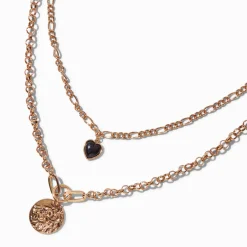 Collier multi-rangs superposés cœur noir et pièce lion couleur dorée