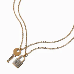 Colliers à pendentifs couleur dorée clé et cadenas pavé - Lot de 2