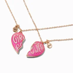 Colliers cœur fendu « Girl Power » roses best friends - Lot de 2