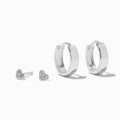 Créoles à charnière 10 mm et clou cœur strass couleur argentée C LUXE by Claire's - Lot de 2