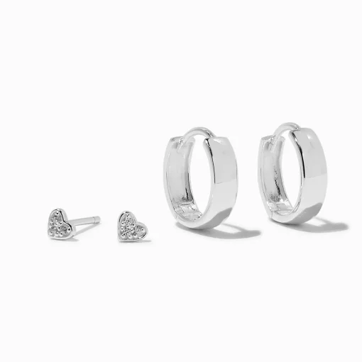 Créoles à charnière 10 mm et clou cœur strass couleur argentée C LUXE by Claire's - Lot de 2