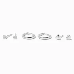 Créoles à charnière 8 mm et cœurs, clou rond 2 mm en zircon cubique couleur argentée C LUXE by Claire’s - Lot de 3