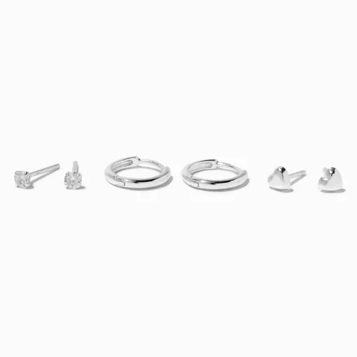 Créoles à charnière 8 mm et cœurs, clou rond 2 mm en zircon cubique couleur argentée C LUXE by Claire’s - Lot de 3