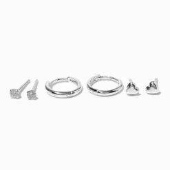 Créoles à charnière 8 mm et cœurs, clou rond 2 mm en zircon cubique couleur argentée C LUXE by Claire’s - Lot de 3