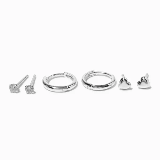 Créoles à charnière 8 mm et cœurs, clou rond 2 mm en zircon cubique couleur argentée C LUXE by Claire’s - Lot de 3