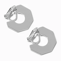 Créoles à clip octogonales 20 mm couleur argentée