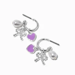 Créoles avec breloque nœud couleur argentée, perle d'imitation, et cœur violet