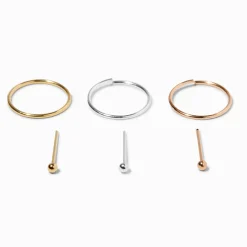 Créoles et clous de nez 0,6 mm en métaux mixtes couleur argentée - Lot de 6