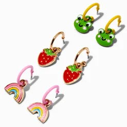 Créoles émaillées arc-en-ciel, fraise et grenouille - Lot de 3