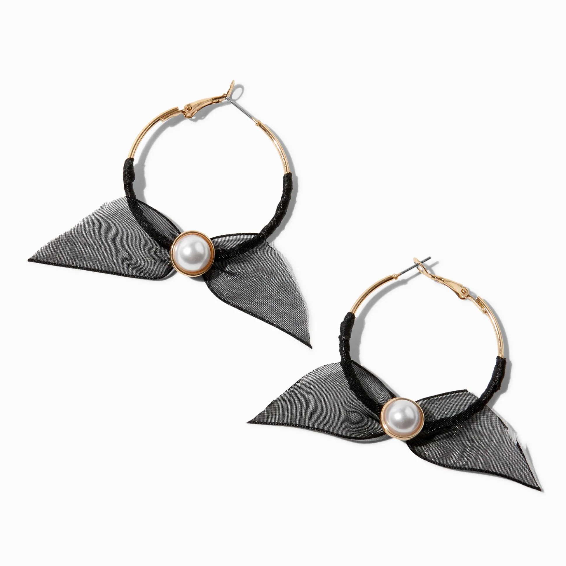 Créoles 30 mm couleur dorée nœud en organza noires