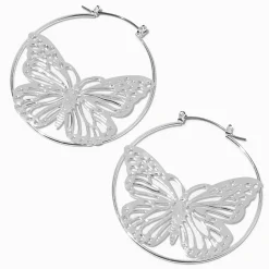 Créoles 50 mm papillon en filigrane couleur argentée