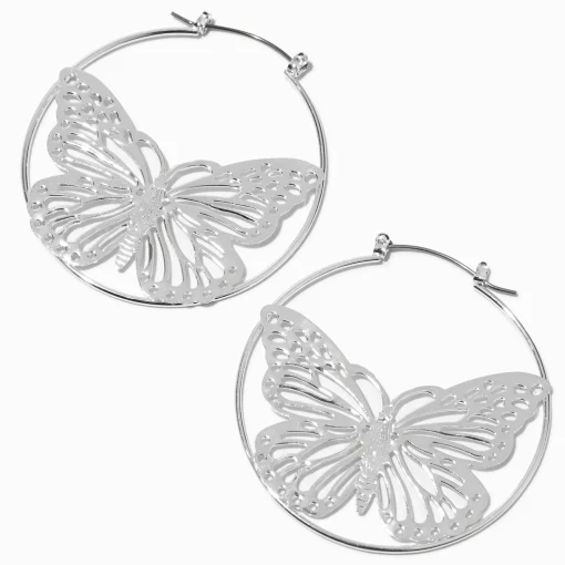 Créoles 50 mm papillon en filigrane couleur argentée