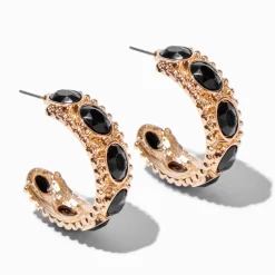 Créoles strass noires ovales épaisses 30 mm couleur dorée