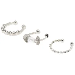 Faux anneaux pour cartilage perles d'imitation et strass couleur argentée - Lot de 3