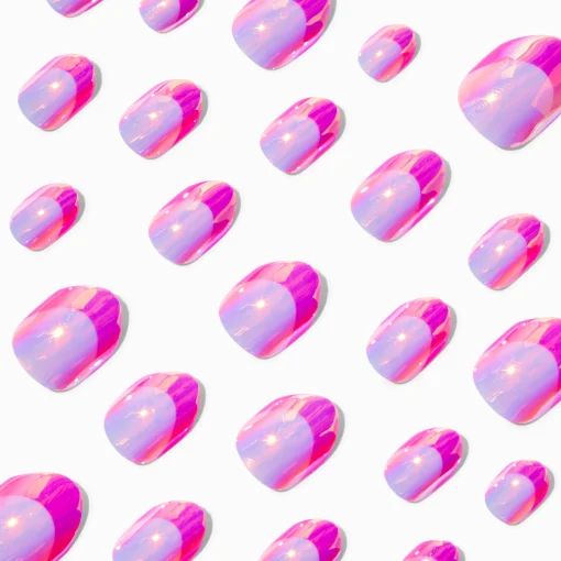 Faux ongles autocollants stiletto roses holographiques - Lot de 24
