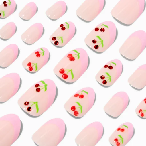 Faux ongles autocollants stiletto bling-bling cerise French manucure roses - Lot de 24