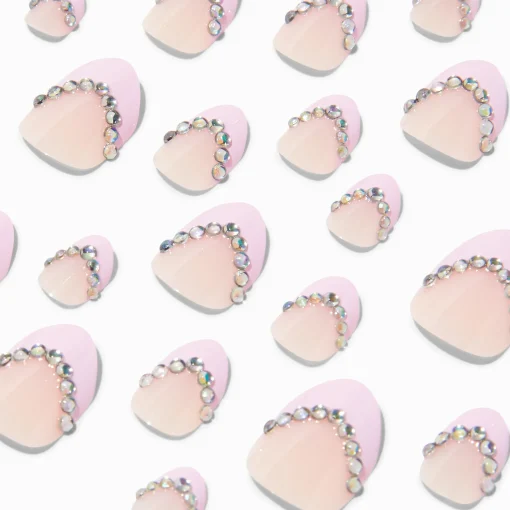 Faux ongles vegan autocollants stiletto French manucure avec strass roses - Lot de 24