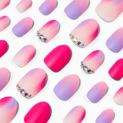 Faux ongles vegan autocollants stiletto avec strass à dégradé rose - Lot de 24