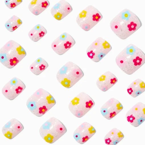 Faux ongles vegan autocollants carrés marguerite multicolores - Lot de 24