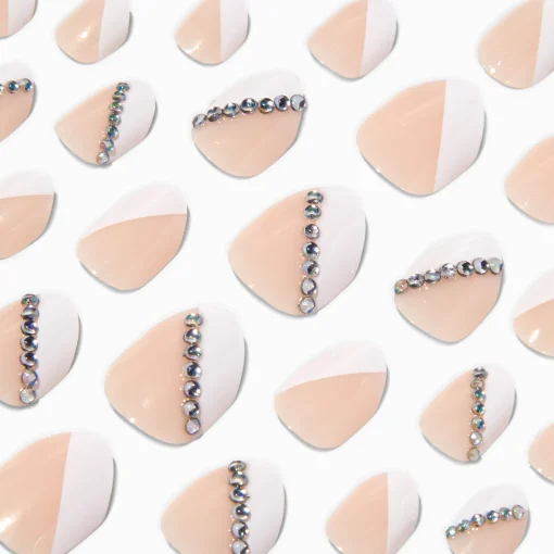 Faux ongles vegan autocollants stiletto French manucure avec strass géométriques - Lot de 24