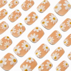 Faux ongles vegan courts de forme carrée marguerite à paillettes - Lot de 24