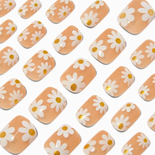 Faux ongles vegan courts de forme carrée marguerite à paillettes - Lot de 24