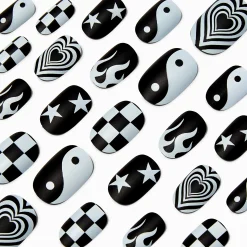 Faux ongles vegan de forme ovale moyenne Y2K noirs et blancs - Lot de 24