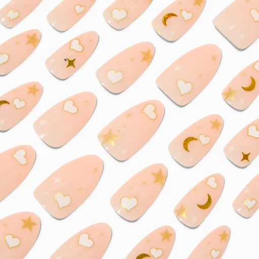 Faux ongles vegan en amande longs étoiles cœurs blancs - Lot de 24